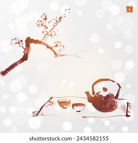 Ink painting of sakura branch, teapot and cups on white shimmering backrground. Traditional tea ceremony scene. Oriental ink painting sumi-e, u-sin, go-hua on white shimmering background. Translation 