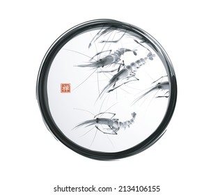Ink painting of shrimps in black enso zen circle on white background. Traditional oriental ink painting sumi-e, u-sin, go-hua. Minimalist style. Translation of hieroglyph - zen.