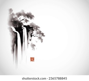 Ink painting of small forest waterfall. Traditional oriental ink painting sumi-e, u-sin, go-hua. Translation of hieroglyph - perfection.