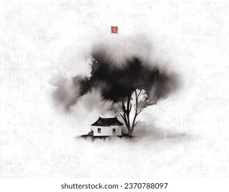 Ink painting of a small house beneath large trees on rice paper background. Traditional oriental ink painting sumi-e, u-sin, go-hua. Translation of hieroglyph - perfection.