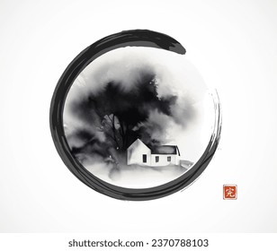 Ink painting of a small house beneath large trees in black enso zen circle. Traditional oriental ink painting sumi-e, u-sin, go-hua. Translation of hieroglyph - perfection.