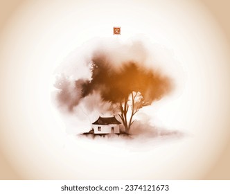 Ink painting of a small house beneath large trees on rice paper background. Traditional oriental ink painting sumi-e, u-sin, go-hua in vintage style. Translation of hieroglyph - perfection.