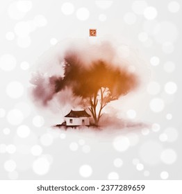 Ink painting of a small house beneath large trees on white glowing background. Traditional oriental ink painting sumi-e, u-sin, go-hua in vintage style. Translation of hieroglyph - perfection.