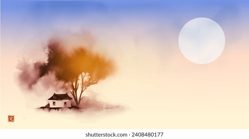 Ink painting of a small house beneath large trees on sunrise background. Traditional oriental ink painting sumi-e, u-sin, go-hua in vintage style. Translation of hieroglyph - perfection.