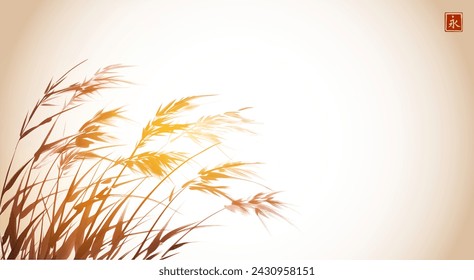 Ink painting of sunlit grass on the wind. Traditional oriental ink painting sumi-e, u-sin, go-hua. Translation of hieroglyph - eternity