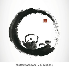 Pintura de tinta de tetera y tazas en negro enso zen círculo. Escena tradicional de la ceremonia del té. Tinta oriental tradicional pintura sumi-e, u-sin, go-hua. Traducción de jeroglyph - tea.