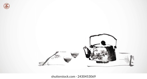 Ink painting of teapot and cups. Traditional tea ceremony scene. Traditional oriental ink painting sumi-e, u-sin, go-hua. Translation of hieroglyph - tea.