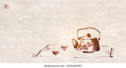 Ink painting of teapot and cups. Traditional tea ceremony scene. Traditional oriental ink painting sumi-e, u-sin, go-hua in vintage style. Translation of hieroglyph - tea.