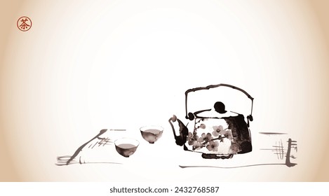 Ink painting of teapot and cups. Traditional tea ceremony scene. Traditional oriental ink painting sumi-e, u-sin, go-hua in vintage style. Translation of hieroglyph - tea.