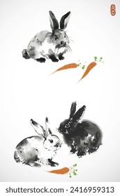 Ink painting of three rabbits with a vibrant orange carrots. Traditional oriental ink painting sumi-e, u-sin, go-hua. Hieroglyph - blessing.