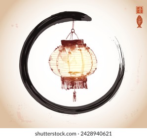 Ink painting of a traditional East Asian lantern in warm tones in black enso zen circle. Traditional oriental ink painting sumi-e, u-sin, go-hua. Hieroglyph - clarity