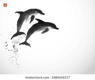 Ink painting with two dolphins on white background. Traditional oriental ink painting sumi-e, u-sin, go-hua. Hieroglyph - joy.