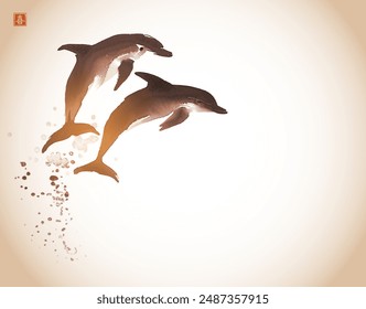 Ink painting with two dolphins in vintage style. Traditional oriental ink painting sumi-e, u-sin, go-hua. Hieroglyph - joy.