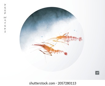 Ink painting of two ocean shrimps in circle. Traditional oriental ink painting sumi-e, u-sin, go-hua. Translation of hieroglyph - zen.