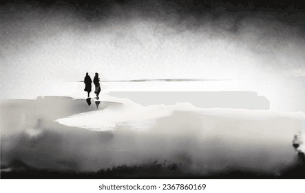 Ink painting of two people standing of the sea shoreline. Traditional oriental ink painting sumi-e, u-sin, go-hua 