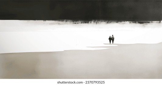 Ink painting of two people standing of the sandy shore of the sea. Traditional Japanese ink wash painting sumi-e