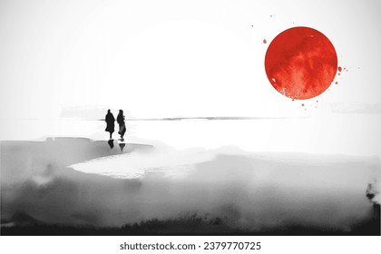 Ink painting of two people standing of the sea shoreline and watching big red sun. Traditional oriental ink painting sumi-e, u-sin, go-hua