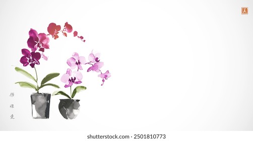 Ink painting of two phalaenopsis orchids on white background. Traditional Japanese ink wash painting sumi-e. Hieroglyphs - joy, well-being, love, beauty.