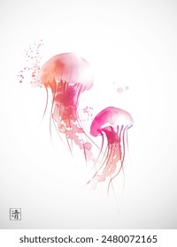 Ink painting of two pink jellyfishes on white. Traditional oriental ink painting sumi-e, u-sin, go-hua. Hieroglyph - clarity