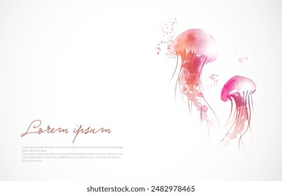 Ink painting of two pink jellyfishes on white and place for your text. Traditional oriental ink painting sumi-e, u-sin, go-hua