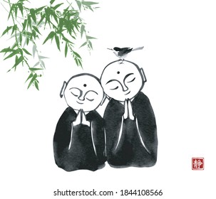 Ink painting of  two praying japanese boddhisattva Jizo and green bamboo tree. Traditional Japanese ink wash painting of Buddha sumi-e. Translation of hieroglyph - silence.