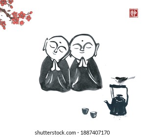 Ink painting of two praying japanese boddhisattvas Jizo and sakura blossoms. Traditional Japanese ink wash painting of Buddha sumi-e. Translation of hieroglyph - silence.