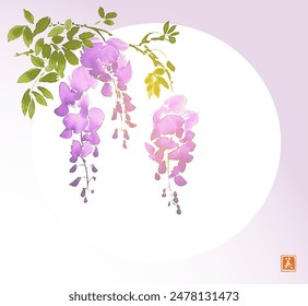 Ink painting of  wisteria flowers and big sun. Traditional oriental ink painting sumi-e, u-sin, go-hua. Hieroglyph - beauty.