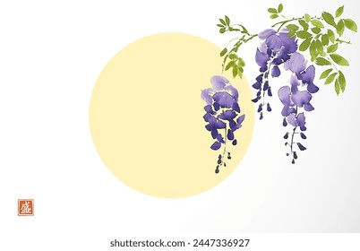 Ink painting of wisteria flowers and yellow sun. Traditional oriental ink painting sumi-e, u-sin, go-hua. Hieroglyph - bloom svg