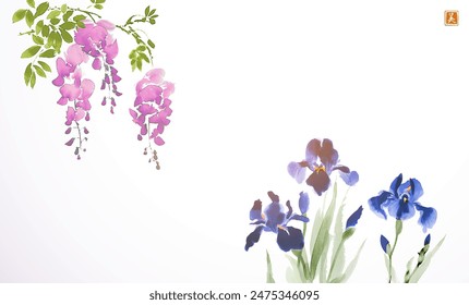 Ink painting of wisteria and iris flowers on white background. Traditional oriental ink painting sumi-e, u-sin, go-hua. Translation of hieroglyph - beauty.