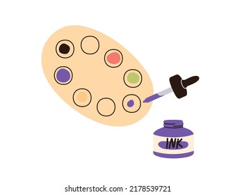 Ink paints, tints palette, bottle with picker, eyedropper for calligraphy. Tools, art supplies for blending colours, pigments for lettering. Flat vector illustration isolated on white background