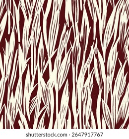 Ink pattern with grass blades, a dark red and white on linen fabric print pattern, cotton, silk, vector illustration, doodle summer, kids and baby designs for print fabric.