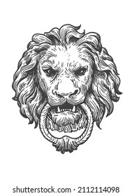 Ink and pen drawing, lion head on white background. engraving vector vintage ring door