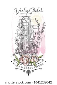 Ink and pen drawing of old window, plants and flowers on the wall. Scrapbooking. Archtecture elements. Windows, doors, old stone walls. Pink background spots. Isolated elements. Peony flowers.