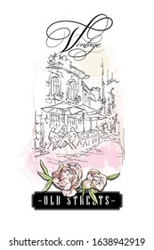 Ink and pen drawing of street cafe with umbrellas and people sitting. Scrapbooking. Archtecture elements. Windows, doors, old stone walls. Pink background spots. Isolated elements. Peony flowers.