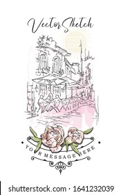 Ink and pen drawing of street cafe with umbrellas and people sitting. Scrapbooking. Archtecture elements. Windows, doors, old stone walls. Pink background spots. Isolated elements. Peony flowers.