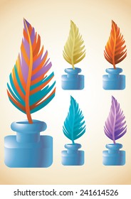 Ink pen feather and bottle cartoon icon set