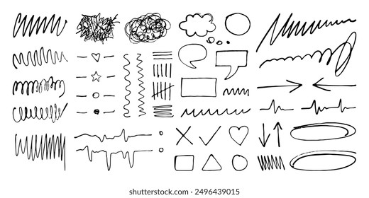 Ink pen freehand doodles and scribbles, frames and symbols, dividers and speech bubbles. Lines and arrows, graphic design elements and free shapes. Vector illustration.