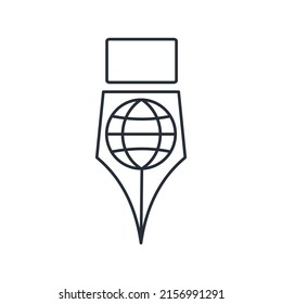 Ink pen with globe. International creative competition. Vector linear icon isolated on white background