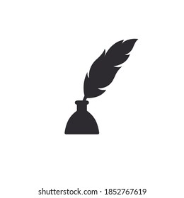 Ink pen. Goose feather. Bird nib. Logo template. Black feather. Quill feather. Bird plume. Ink pen icon. Literature symbol. Writer's. Poet icon. Quill icon. Ink bottle. Inkwell. Glass bottle. Ink jar.