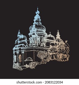 Ink and pen Hand drawn architecture sketch of an ancient historical Trinity Cathedral church building in Ukraine in the city of Chernihiv on a black background