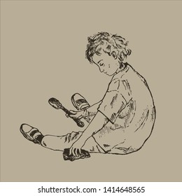 Ink pen hand drawn little cute girl playing in sand on the beach. Children fun in the sand. Vector vintage summer illustration.