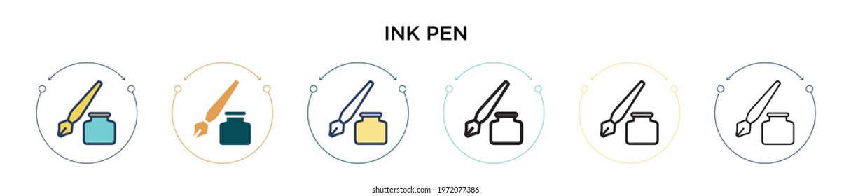 Ink pen icon in filled, thin line, outline and stroke style. Vector illustration of two colored and black ink pen vector icons designs can be used for mobile, ui, web