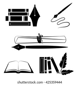 Ink pen nibs Vector set vintage engraving style. Inkwells writing instruments paperweight Vector Fountain Pen Nib Icon Symbols Isolated books