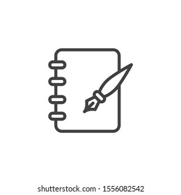Ink pen and notebook page line icon. linear style sign for mobile concept and web design. Note pad paper and ink pen outline vector icon. Symbol, logo illustration. Vector graphics