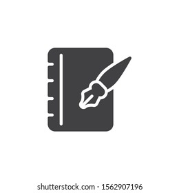 Ink pen and notebook page vector icon. filled flat sign for mobile concept and web design. Notepad paper with  fountain pen glyph icon. Writing form symbol, logo illustration. Vector graphics