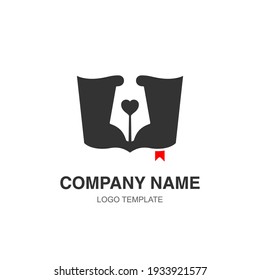 Ink pen and open book with red book tab. Template for logo design 