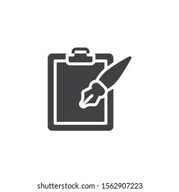 Ink pen and paper clipboard vector icon. filled flat sign for mobile concept and web design. Note pad and Ink pen glyph icon. Writing form symbol, logo illustration. Vector graphics