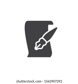 Ink pen and parchment paper vector icon. Writing filled flat sign for mobile concept and web design. Fountain Pen with document paper glyph icon. Symbol, logo illustration. Vector graphics