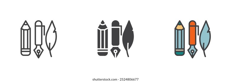 Ink pen with pencil and quill different style icon set. Line, glyph and filled outline colorful version, outline and filled vector sign. Writing symbol, logo illustration. Vector graphics