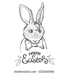 Ink pen rabbit on white background. Happy Easter. Vector illustration. Perfect for greeting card, invitation, postcard, print.